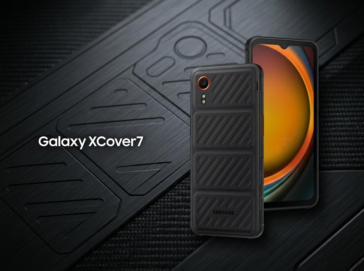 Deux smartphones Samsung Galaxy XCover7 présentés sur un fond texturé noir.