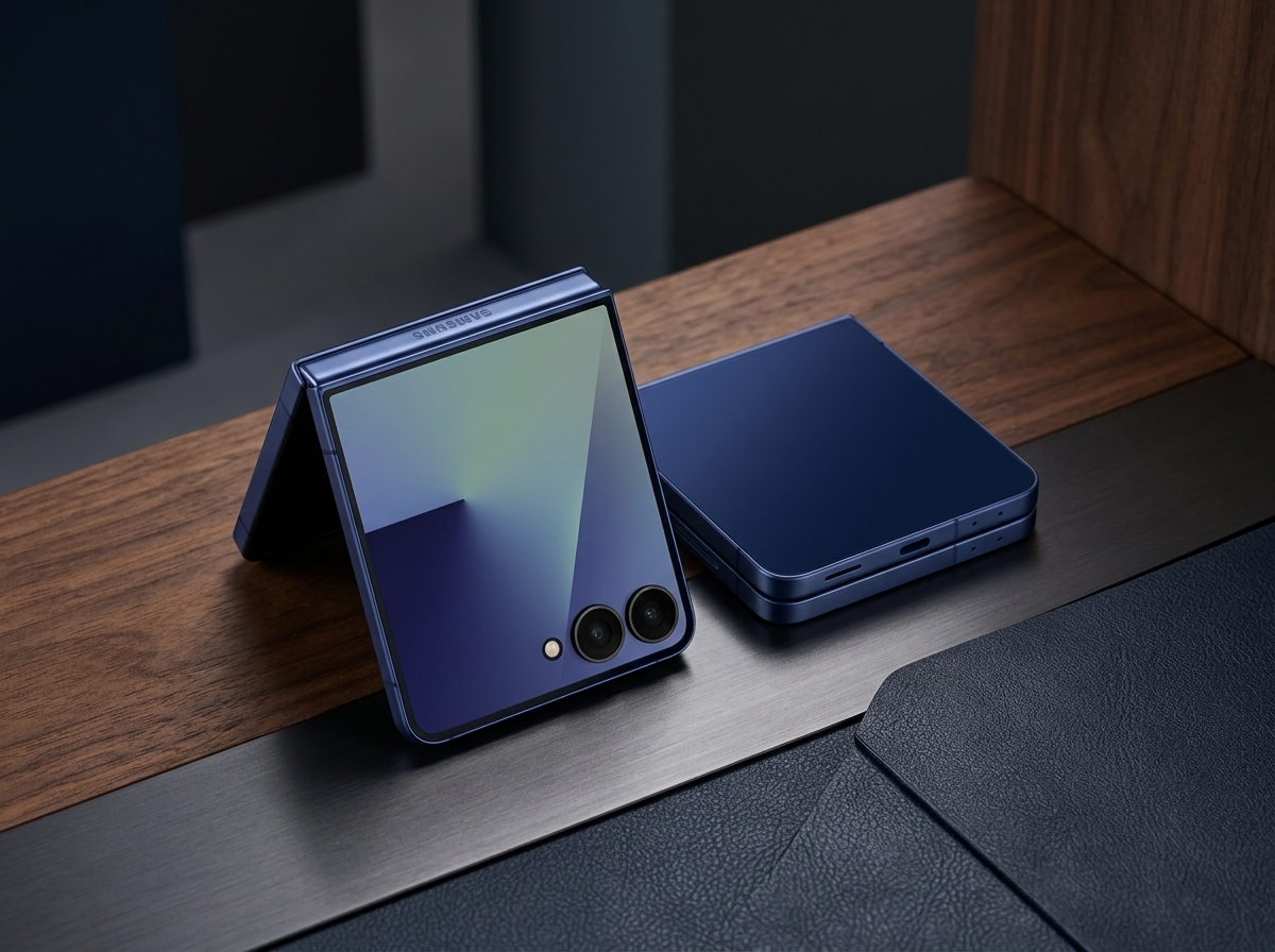 Deux smartphones pliables Samsung Galaxy Z Flip posés sur une surface en bois et métal.