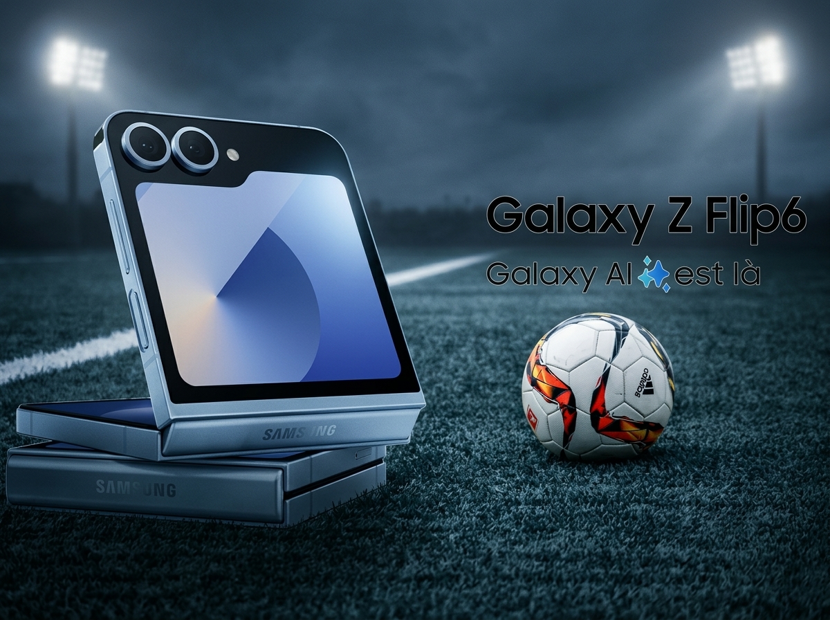 Un smartphone Samsung Galaxy Z Flip6 posé sur un terrain de football, éclairage artificiel, style publicitaire.