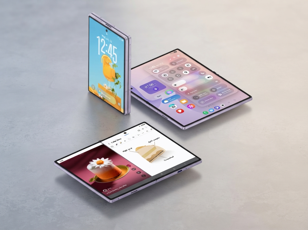 Trois smartphones pliables Samsung Galaxy Z Fold affichés en position verticale, ouverte et semi-ouverte.