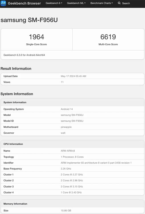 Samsung Galaxy Z Fold6 geekbench