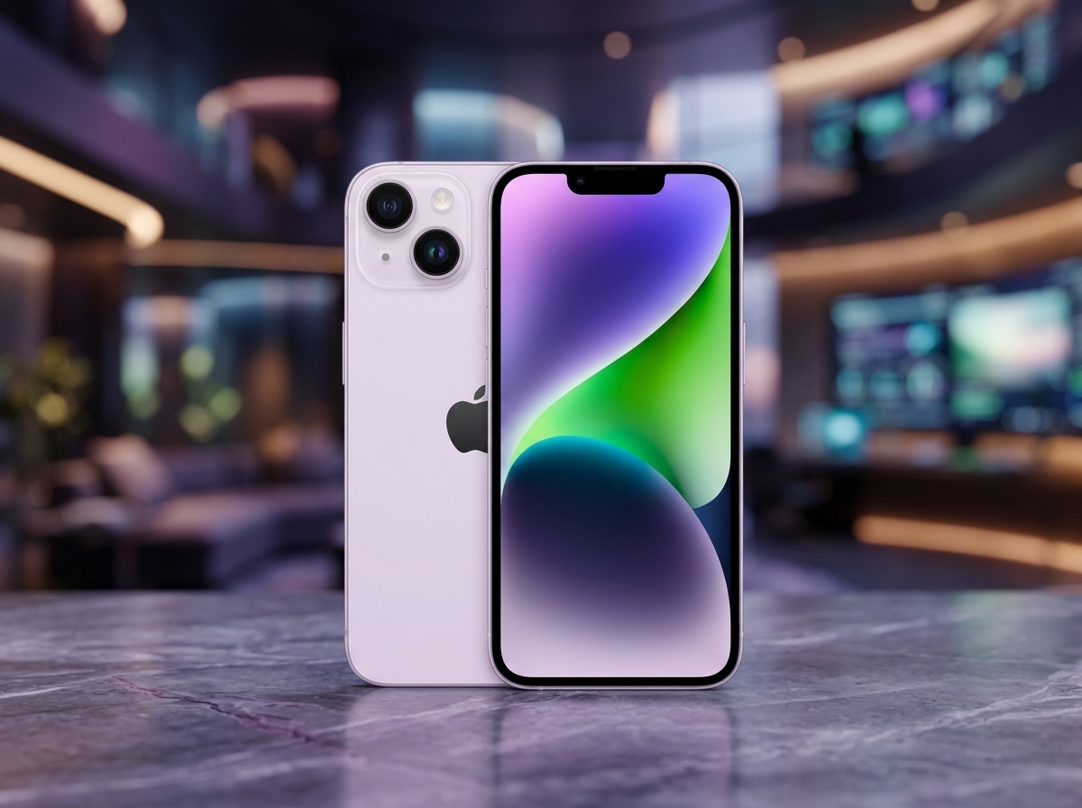 Smartphone Apple violet posé sur une surface en marbre avec un arrière-plan flou.
