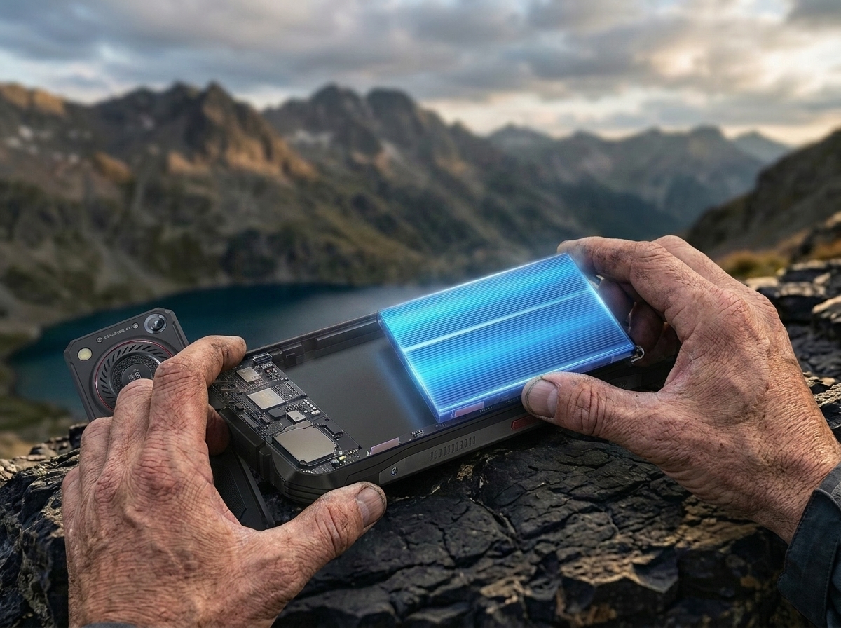 Un smartphone ouvert avec une batterie lumineuse tenu par des mains en montagne, éclairage naturel, style publicitaire.