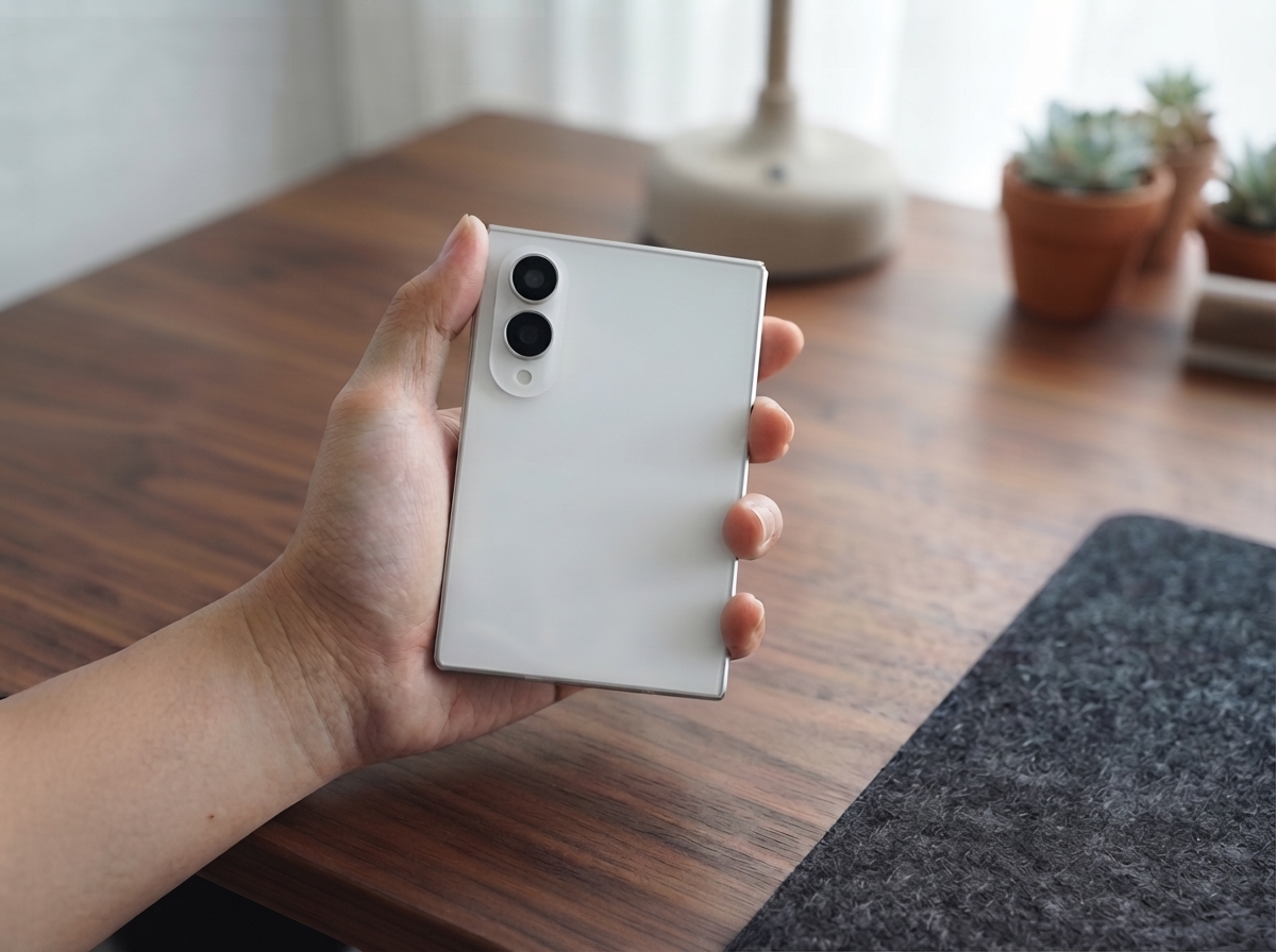 Main tenant un smartphone blanc avec deux objectifs photo au dos sur un bureau en bois.