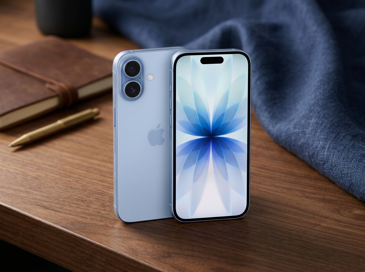 Un smartphone bleu photographié sur un bureau en bois, éclairage diffus, style photographie produit.