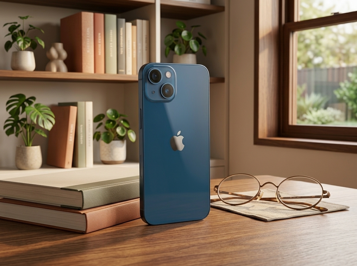 Un smartphone bleu posé sur un bureau avec des livres et des lunettes, éclairage naturel, photographie de produit.