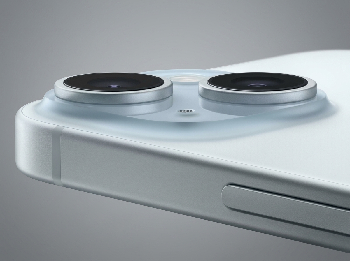 Gros plan sur le bloc optique arrière d'un smartphone sur fond gris neutre.