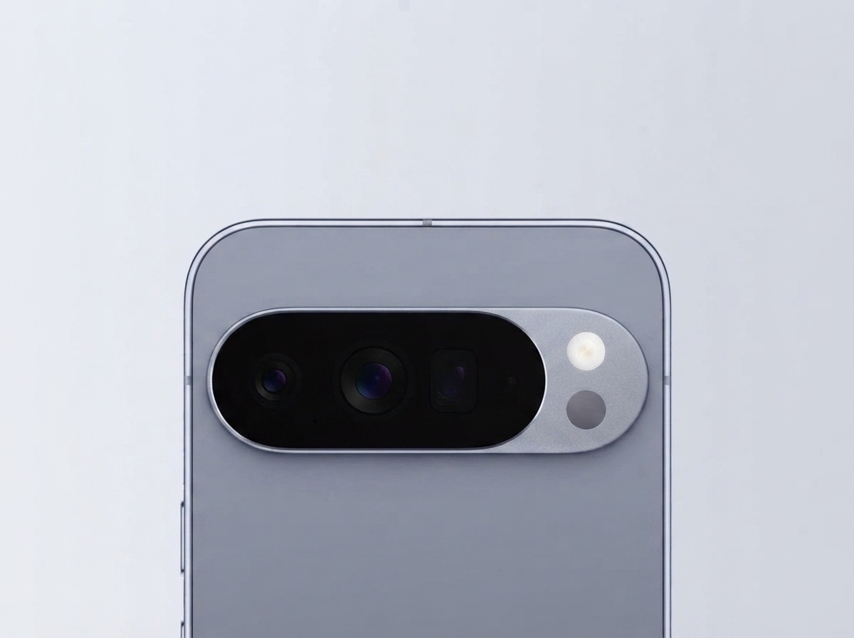Vue rapprochée du bloc optique arrière d'un smartphone gris sur fond clair.