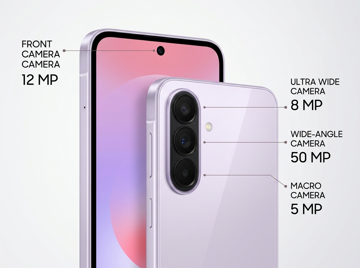Schéma des capteurs photo d'un smartphone : 12 MP en façade, 8 MP ultra grand-angle, 50 MP grand-angle et 5 MP macro.
