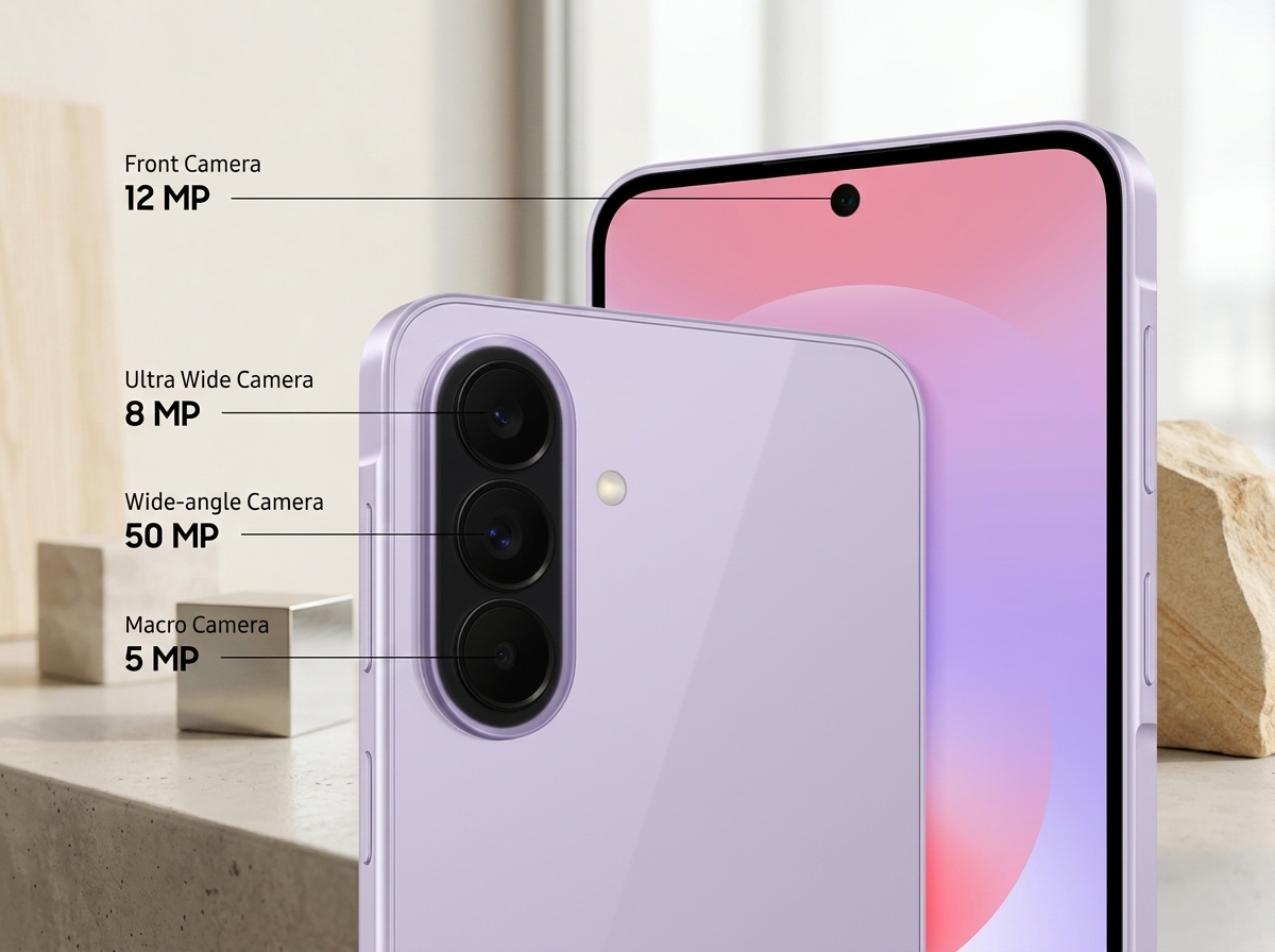 Un smartphone violet photographié dans un studio, éclairage diffus, style photographie produit technique.