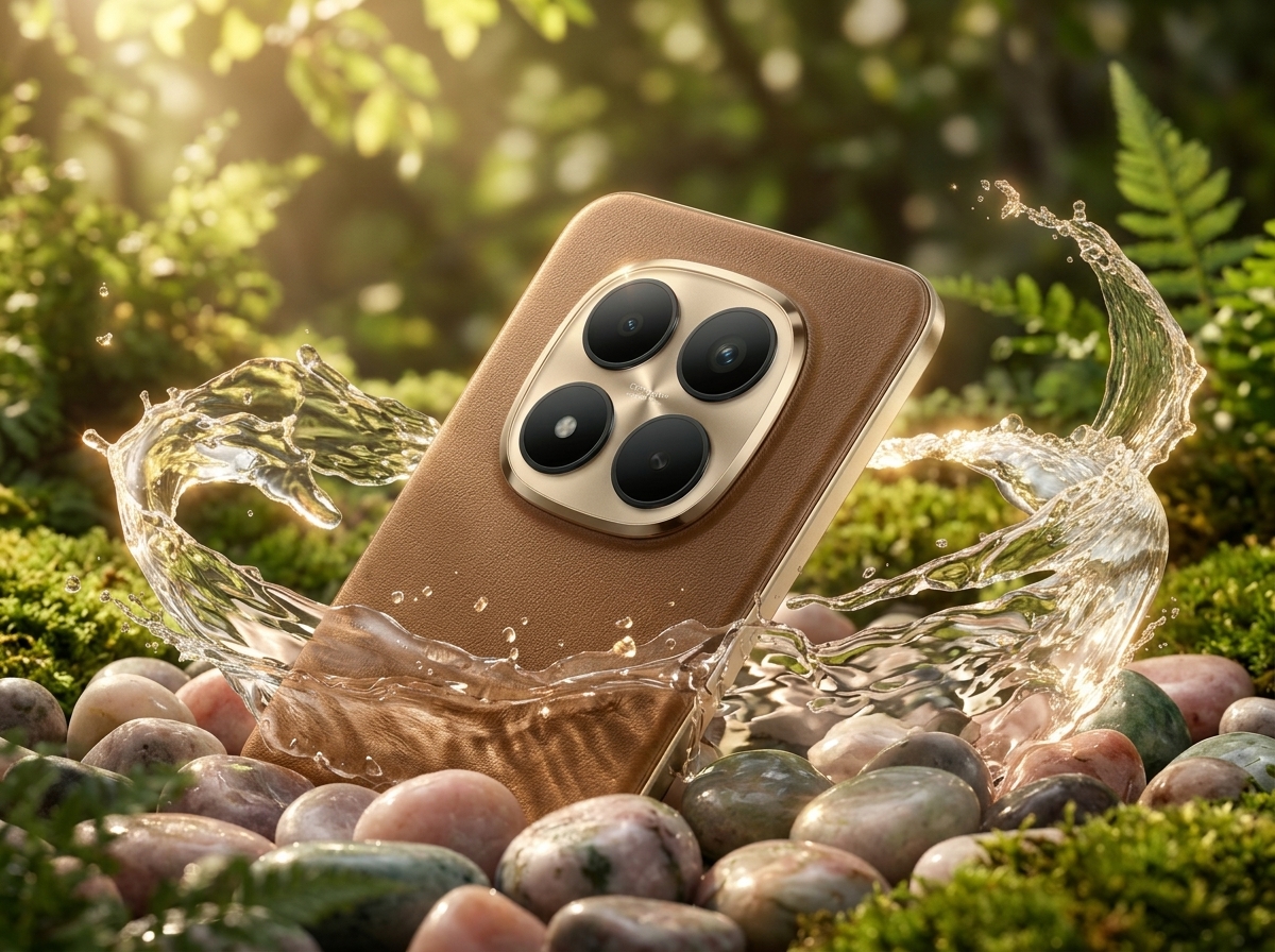 Smartphone avec dos en cuir marron et bloc photo circulaire, entouré d'éclaboussures d'eau sur des galets.