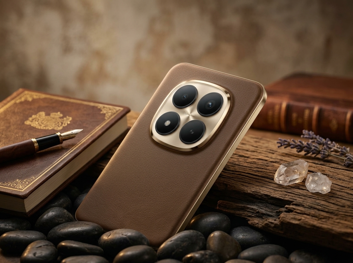 Un smartphone photographié sur une table en bois, éclairage latéral, style photographie de produit.