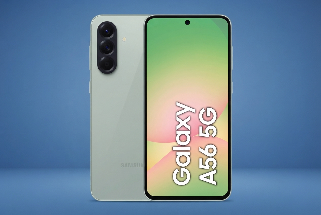 Smartphone posé sur un fond bleu uni.