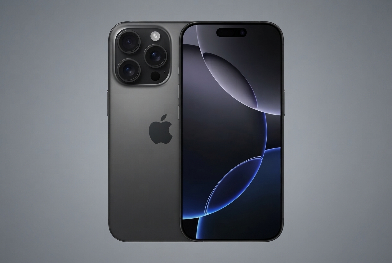 Un smartphone posé sur un fond gris.
