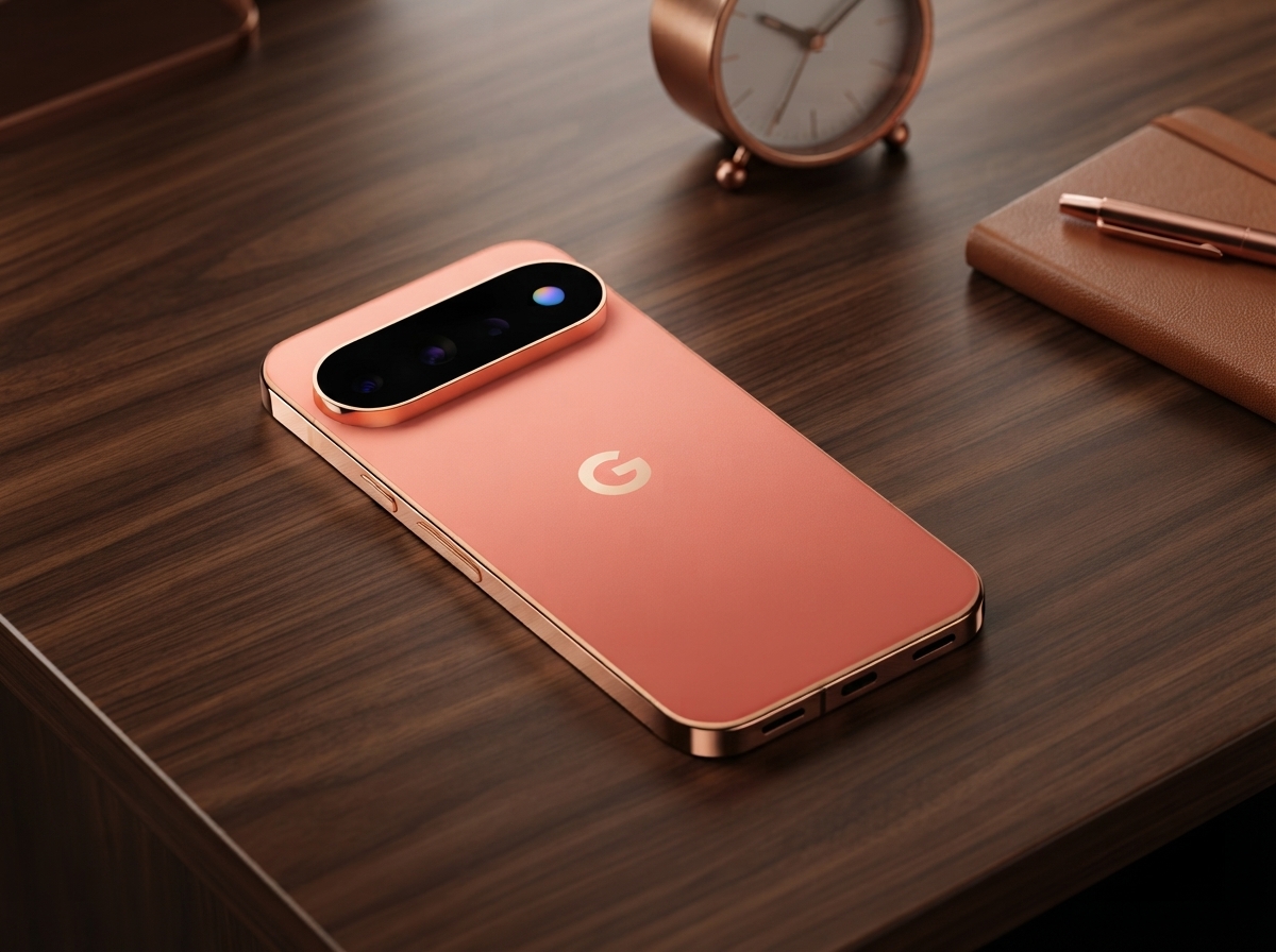 Smartphone Google Pixel posé sur un bureau en bois avec un réveil et un carnet.