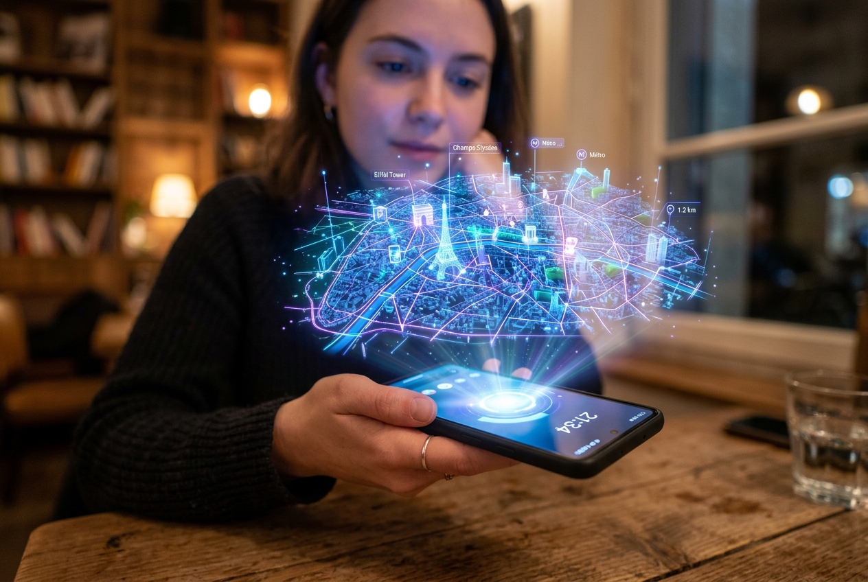 Projection holographique émise depuis l'écran d'un smartphone.
