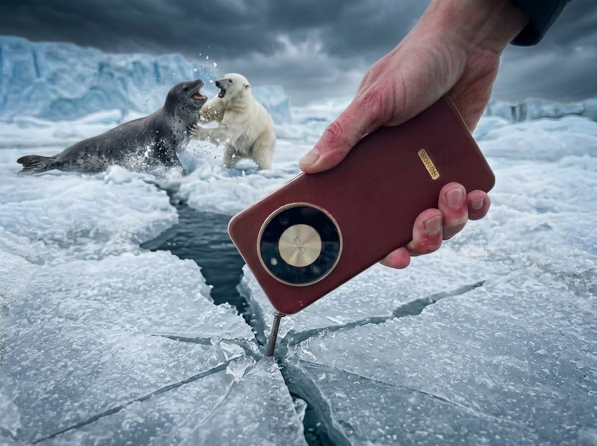Une main utilise un smartphone Honor pour enfoncer un clou dans la glace, avec un ours polaire et un phoque en arrière qui se battent.