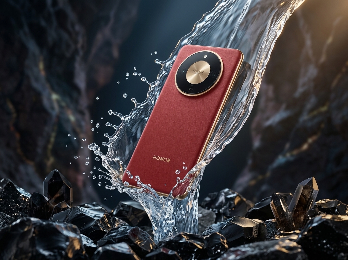 Un smartphone Honor rouge photographié dans de l'eau, éclairage directionnel, style photographie publicitaire.