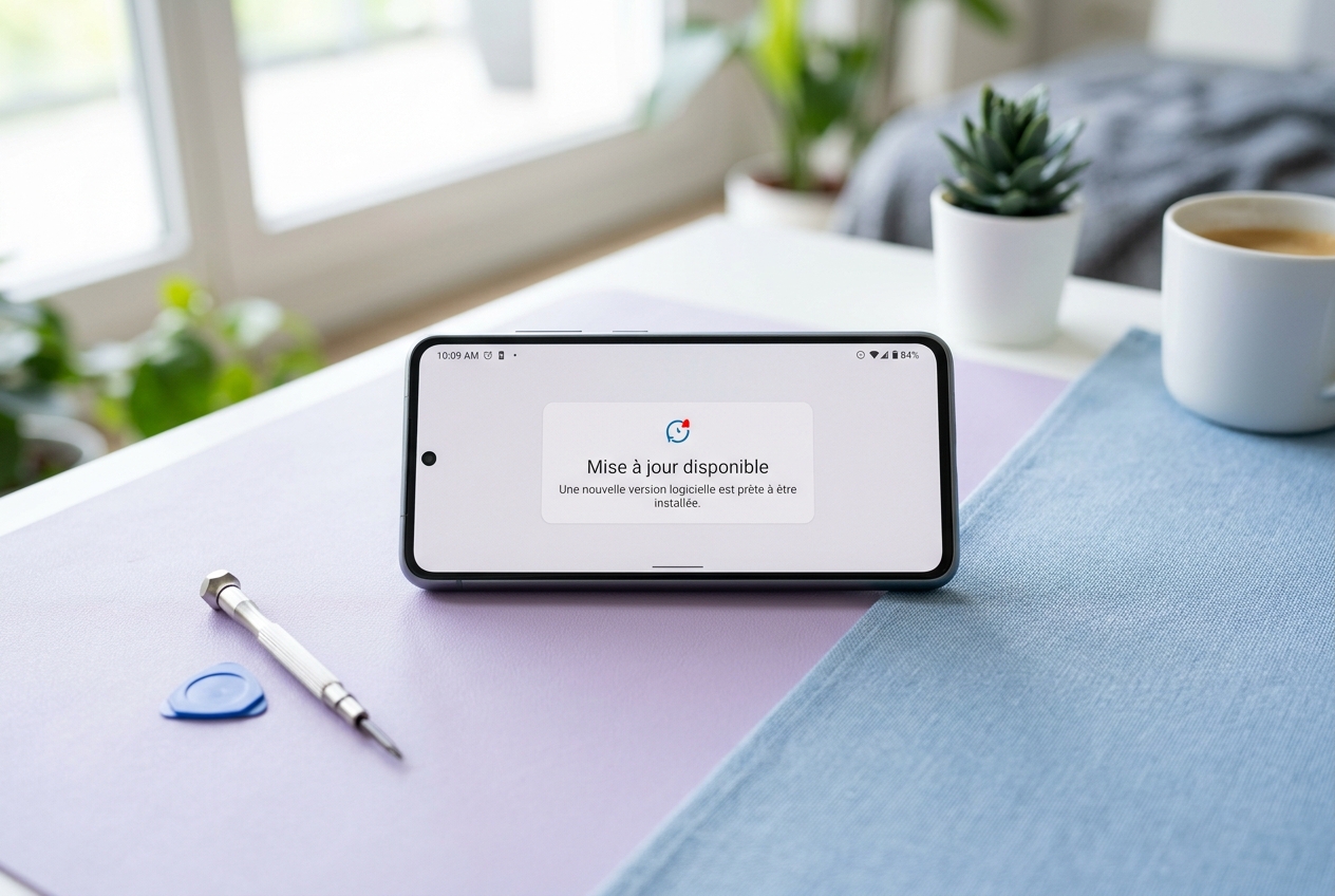 Smartphone moderne affichant une notification de mise à jour sur une surface colorée avec des outils de réparation.