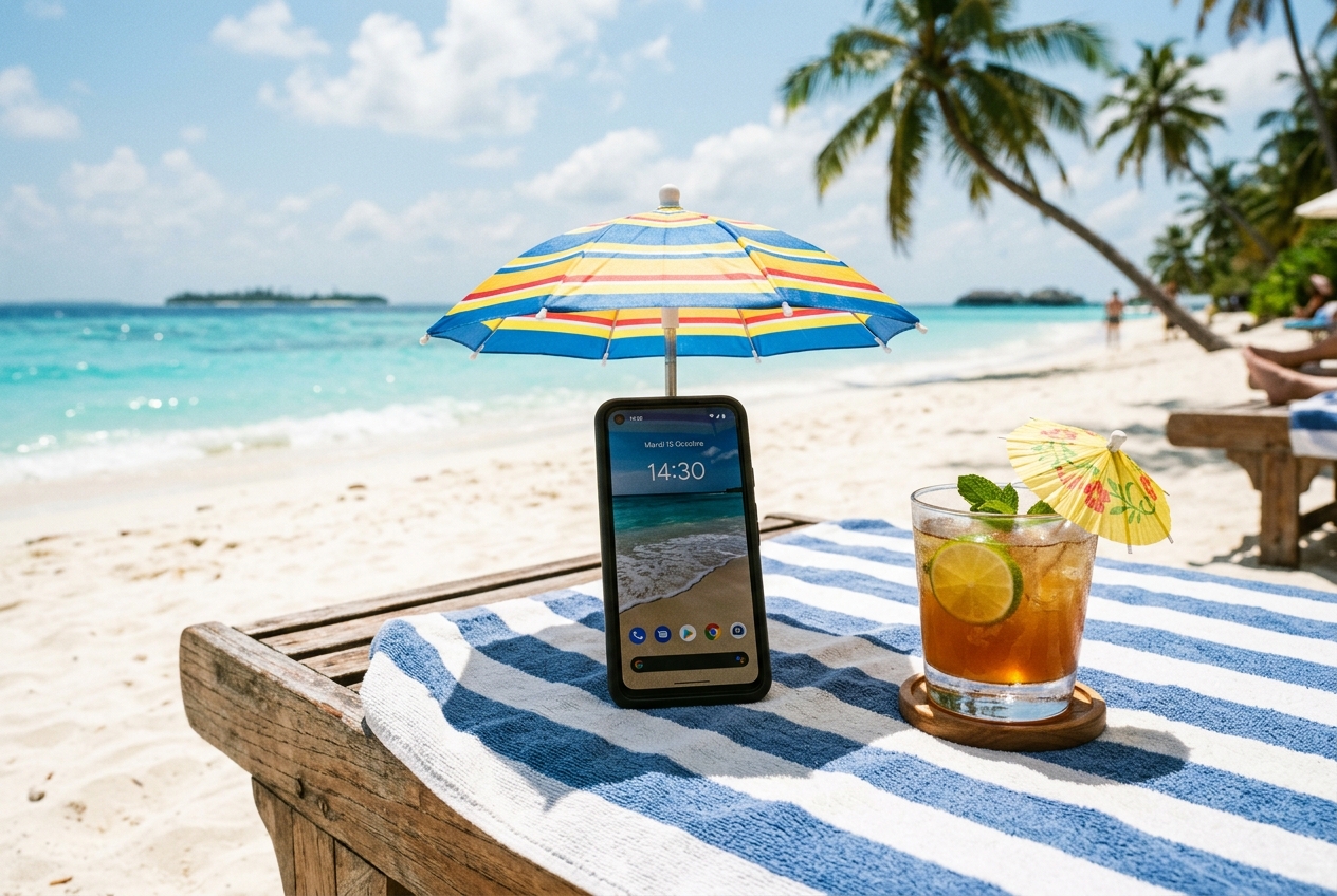 Smartphone et verre avec ombrelle posés sur un transat sous un parasol sur une plage.