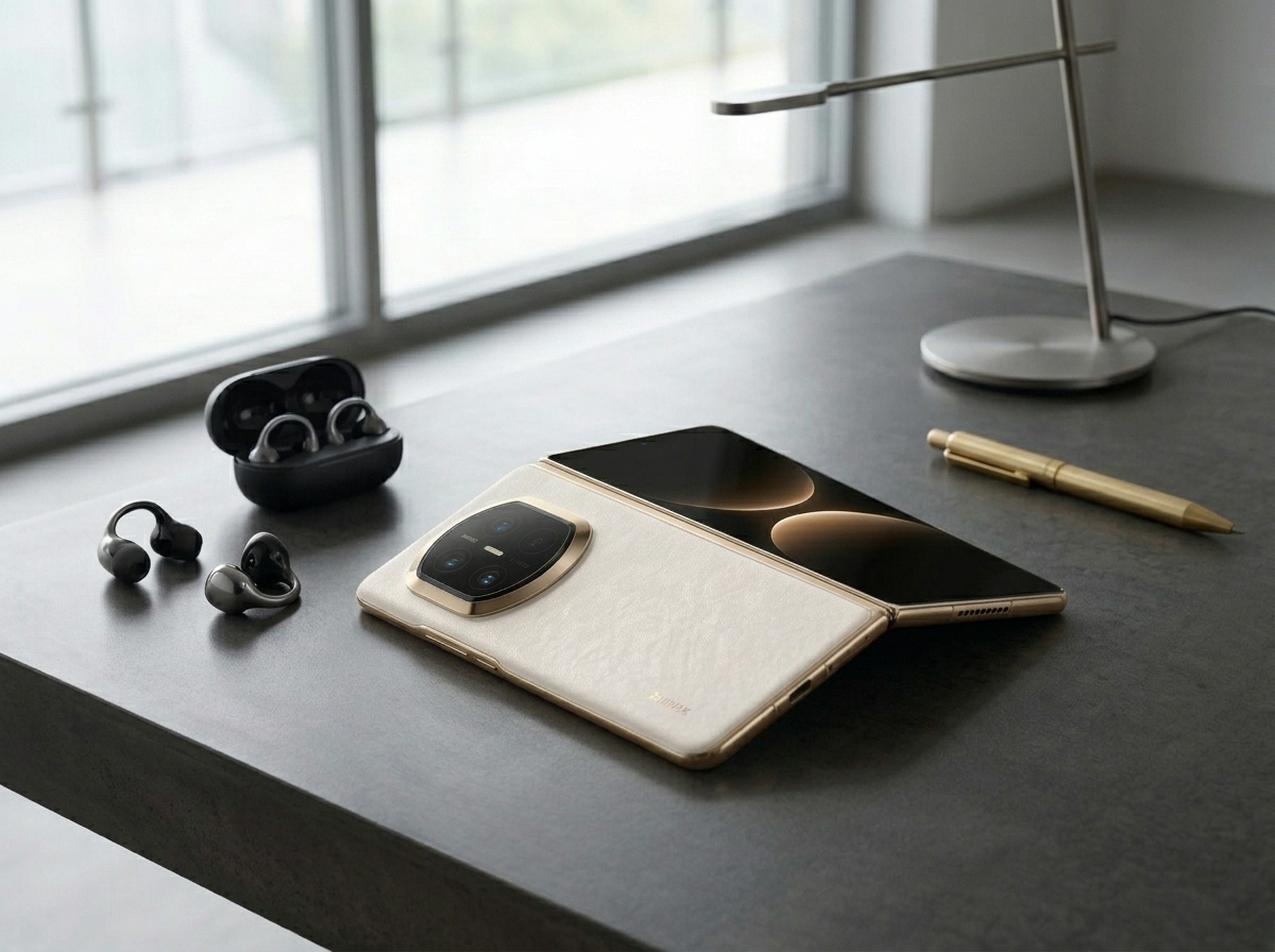 Un smartphone pliable et des écouteurs sans fil sur un bureau, éclairage naturel, photographie de produit.