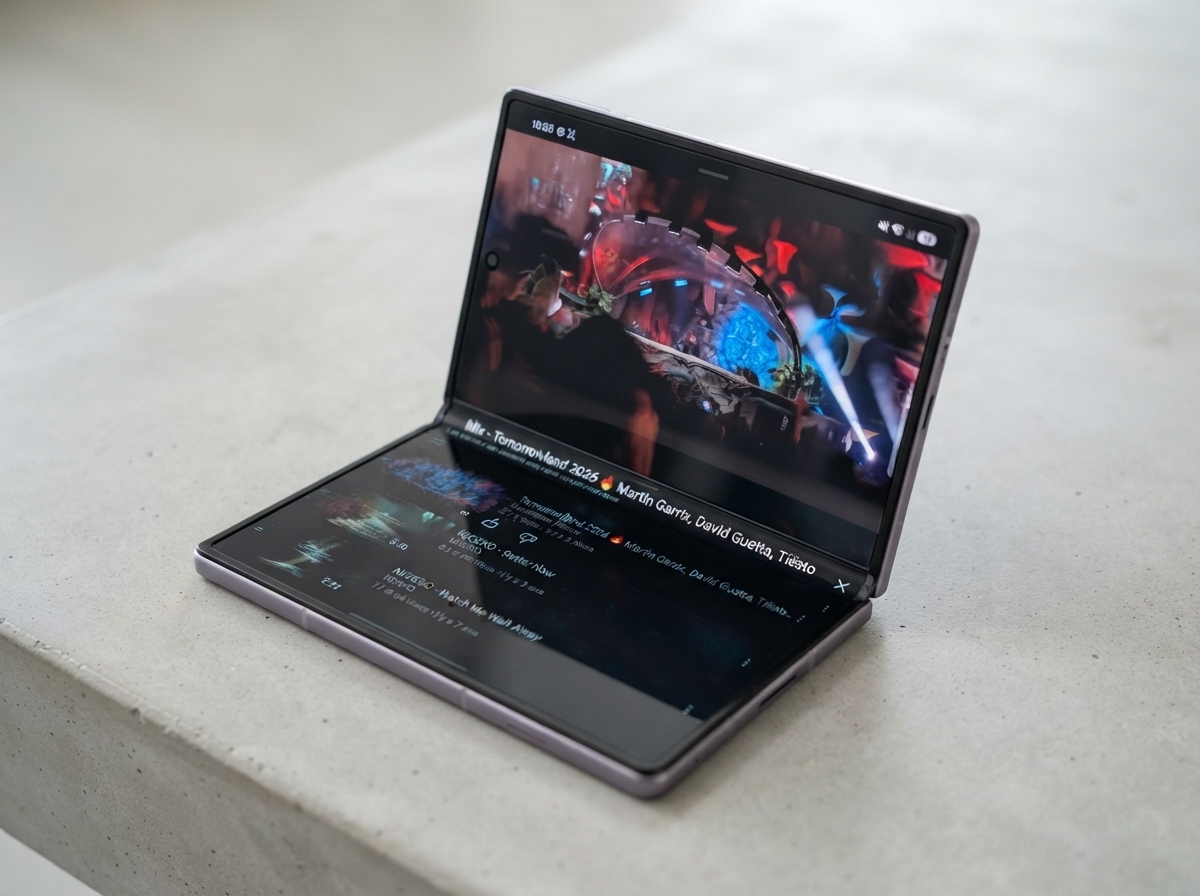 Smartphone pliable ouvert affichant une vidéo sur une surface en béton.