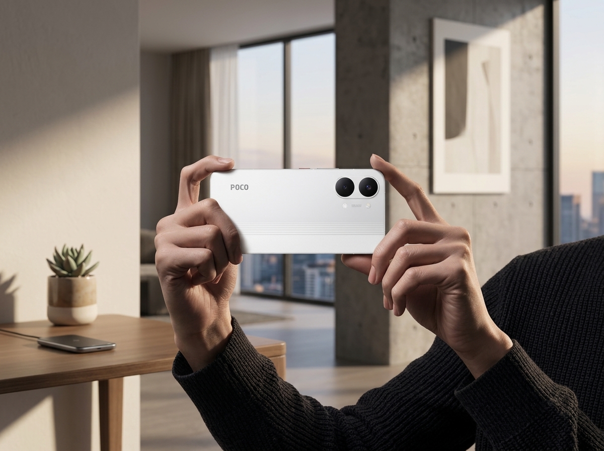 Une personne tient un smartphone blanc de marque POCO à deux mains dans un intérieur.