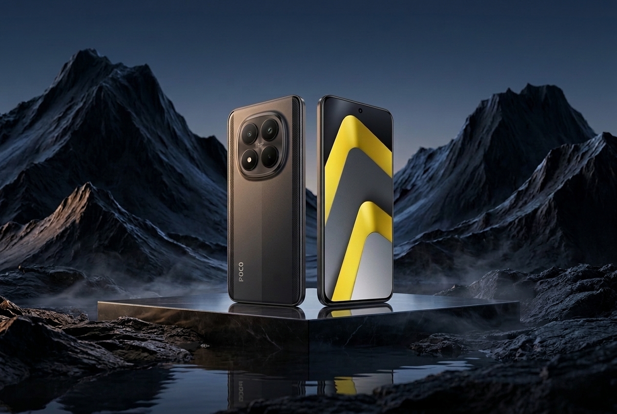 Smartphone Poco posé sur un socle devant des montagnes.