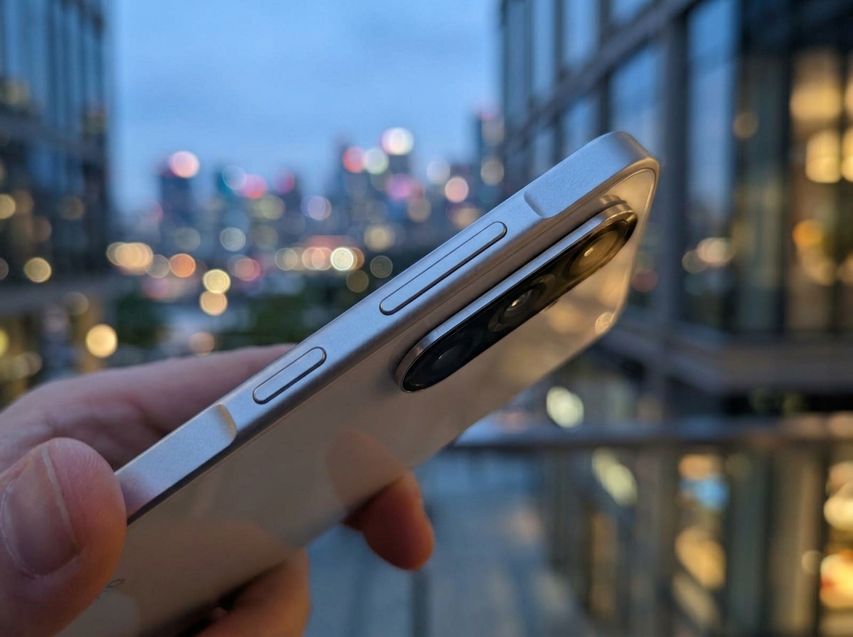 Main tenant un smartphone avec des boutons latéraux et un module photo, sur fond de ville floue.
