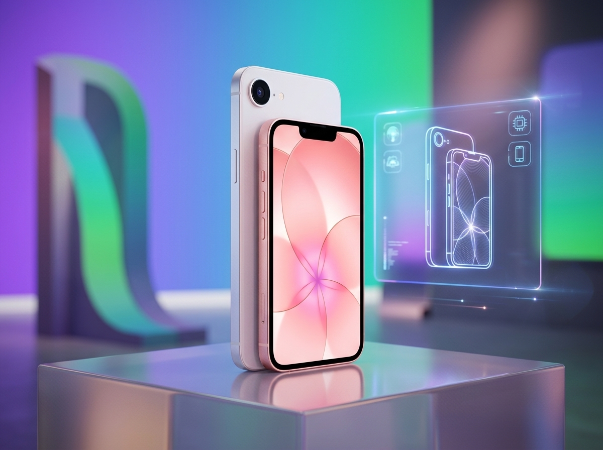 Un smartphone photographié sur un socle, éclairage studio, style publicitaire.