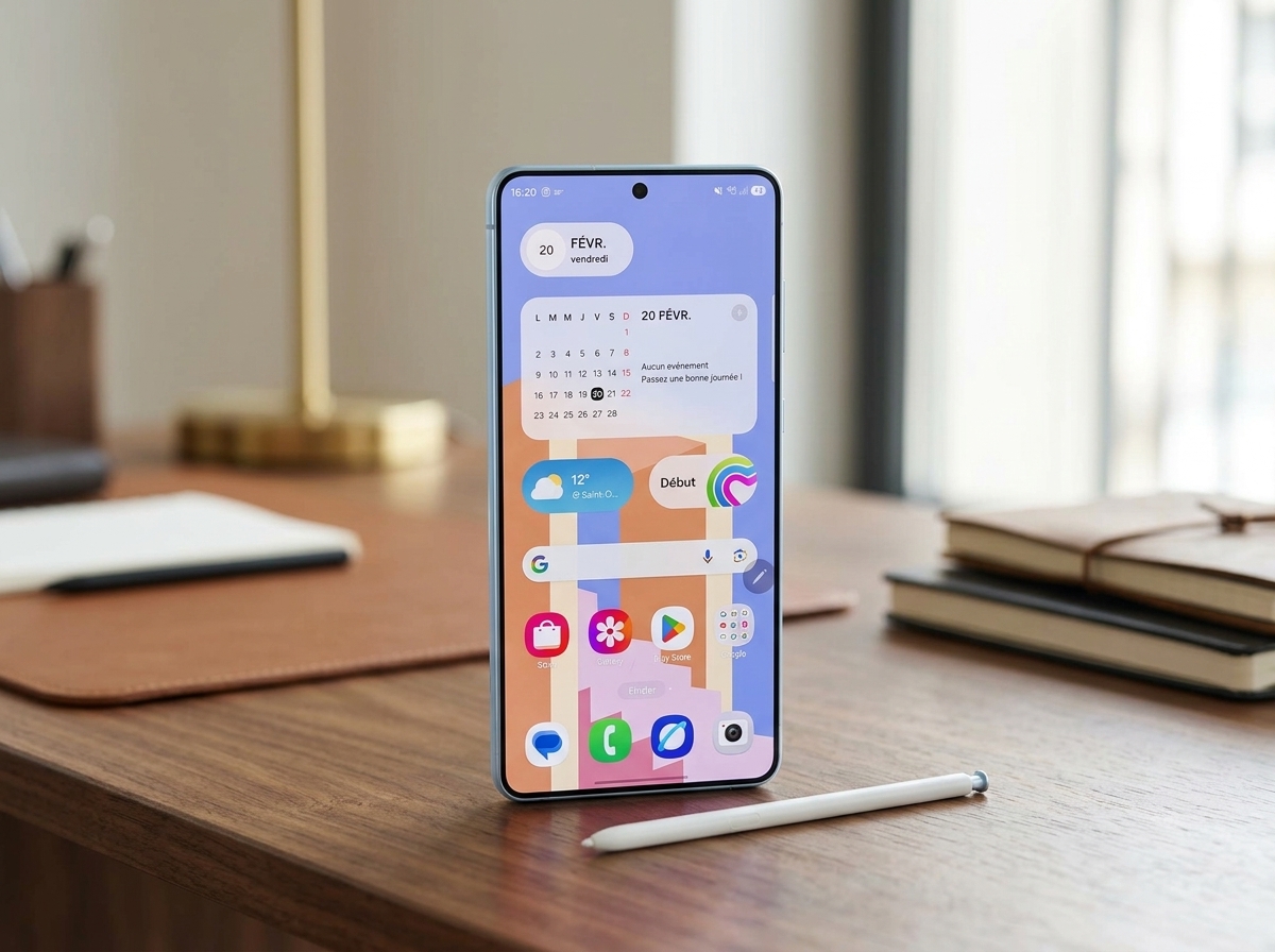 Un smartphone Samsung Galaxy avec stylet posé sur un bureau en bois, éclairage naturel, photographie de produit.