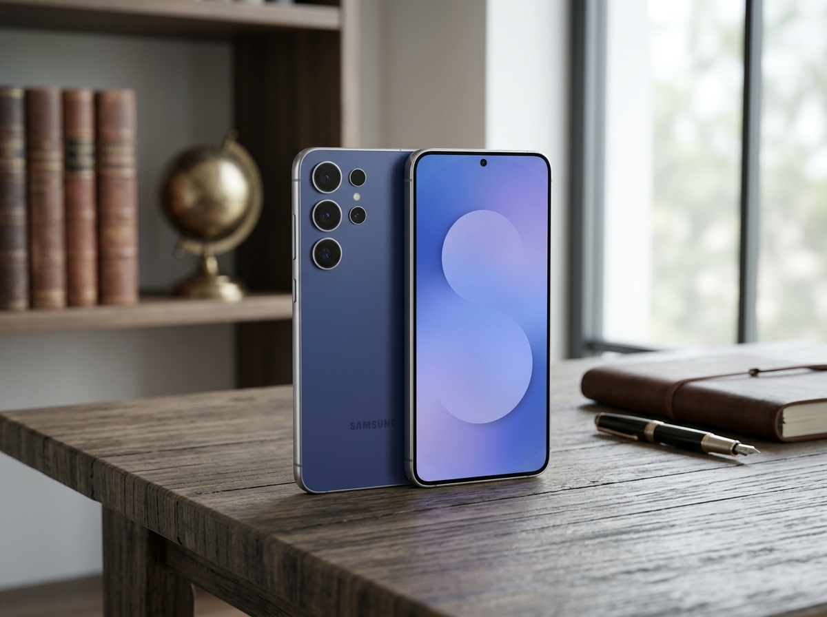 Un smartphone Samsung posé sur un bureau en bois, éclairage naturel, style photographie de produit.