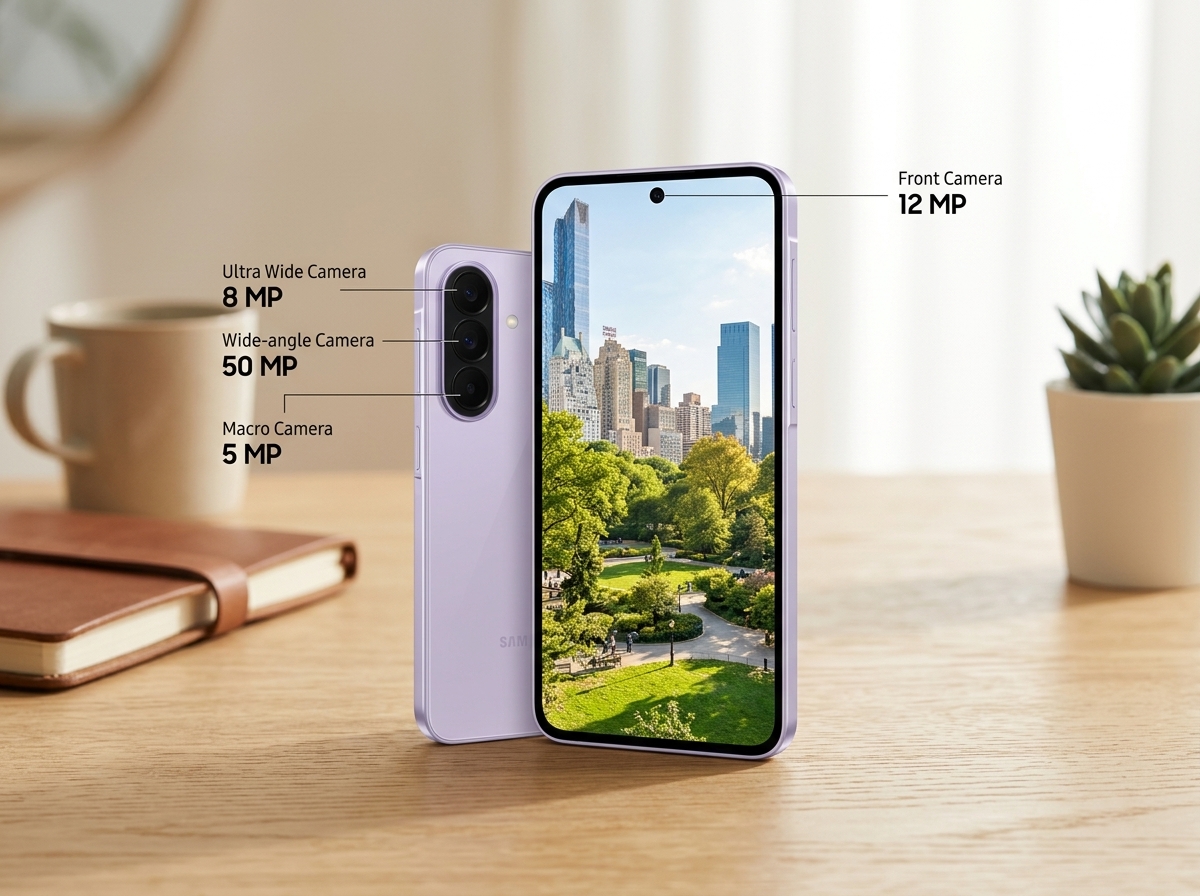 Un smartphone violet photographié sur un bureau, éclairage naturel, style photographie produit avec annotations techniques.