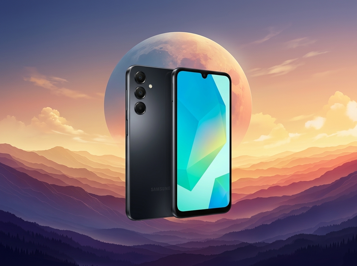 Smartphone Samsung noir avec écran allumé devant un paysage de montagnes et une lune en arrière-plan.
