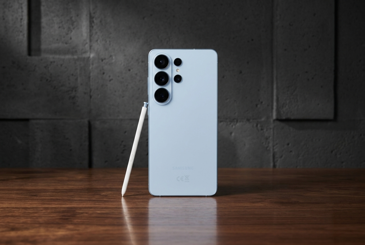 Smartphone Samsung bleu clair avec stylet posé sur une table en bois devant un mur gris.