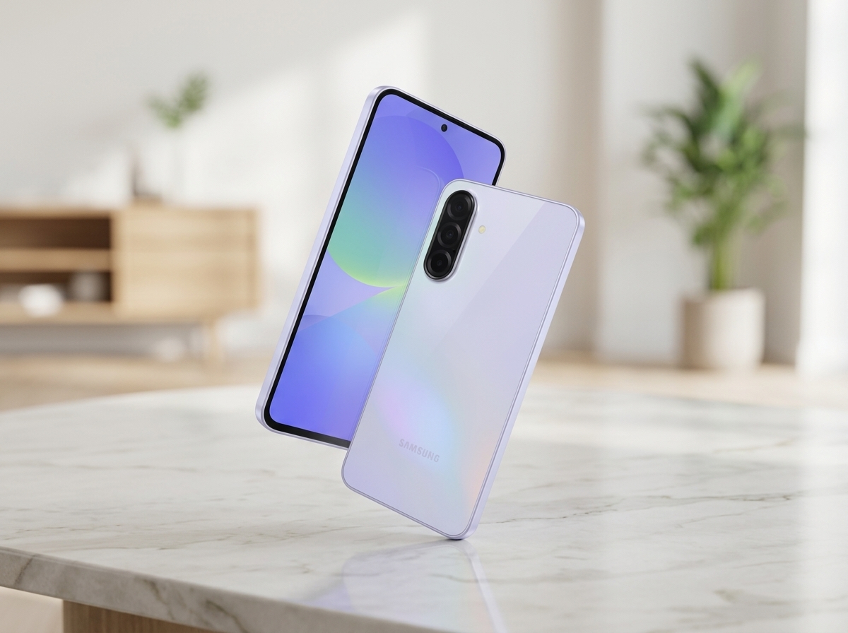 Un smartphone Samsung violet en lévitation sur une table en marbre, éclairage naturel, style photographie produit.