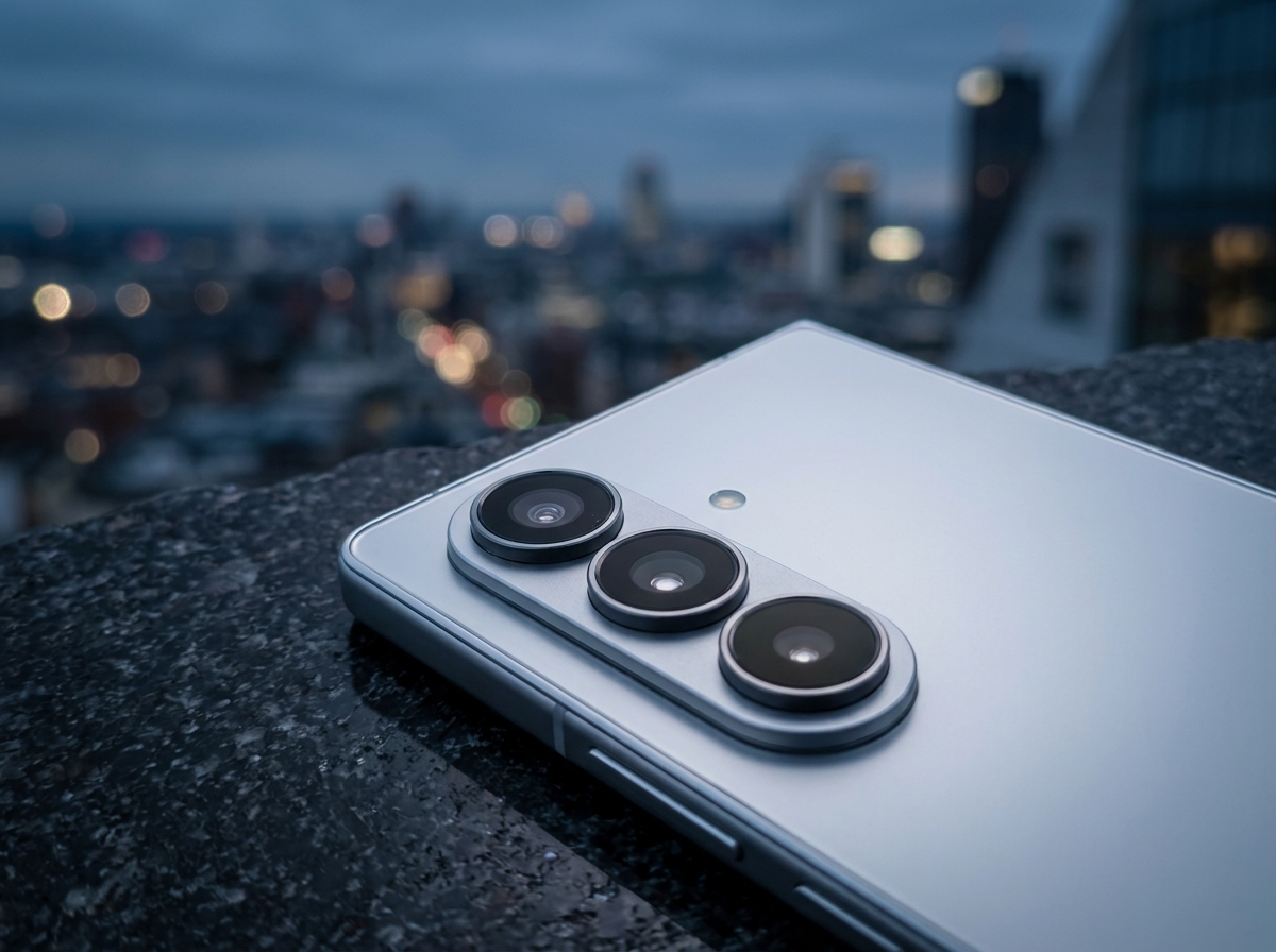 Dos d'un smartphone avec trois objectifs photo posé sur une surface en pierre devant un paysage urbain.