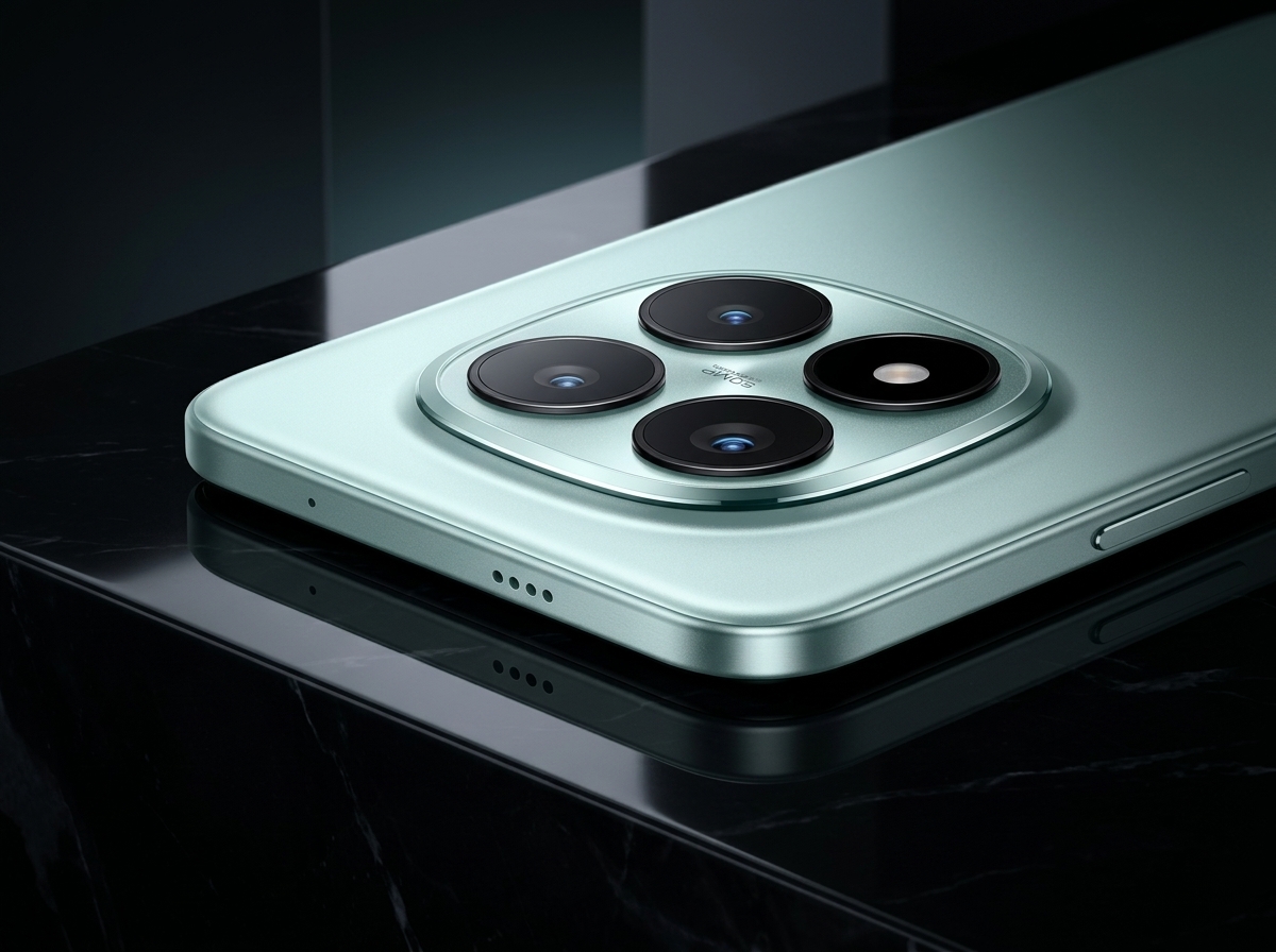 Un smartphone vert posé sur une surface noire, éclairage studio, photographie de produit.