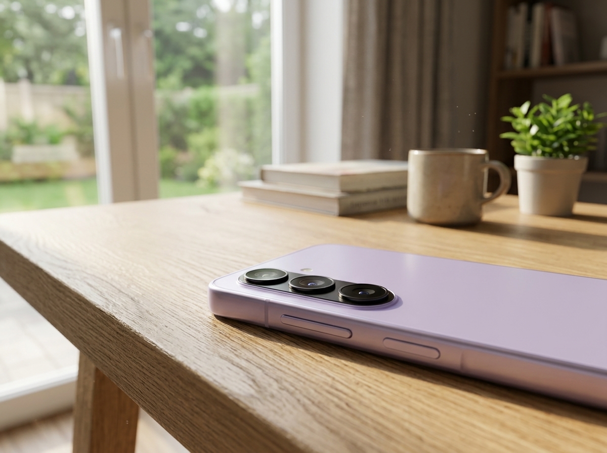 Smartphone violet posé sur une table en bois près d'une fenêtre.