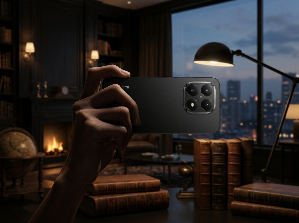 Main tenant un smartphone Xiaomi dans un bureau avec bibliothèque, éclairage intérieur, photographie publicitaire.