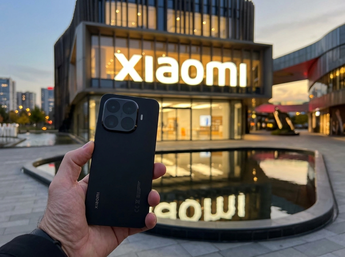 Main tenant un smartphone Xiaomi devant un magasin Xiaomi avec un bassin en extérieur.