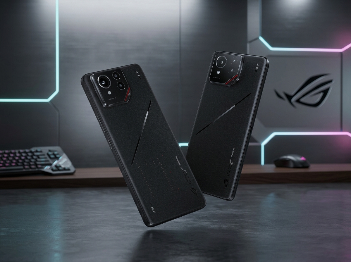 Deux smartphones Asus ROG noirs en lévitation sur un fond neutre.