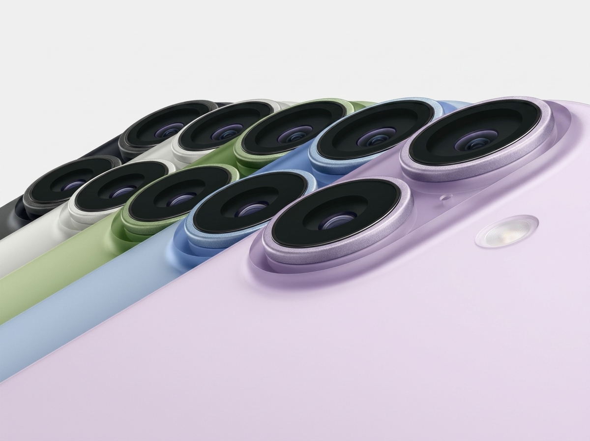 Alignement de smartphones de différentes couleurs montrant les objectifs de leurs appareils photo arrière.