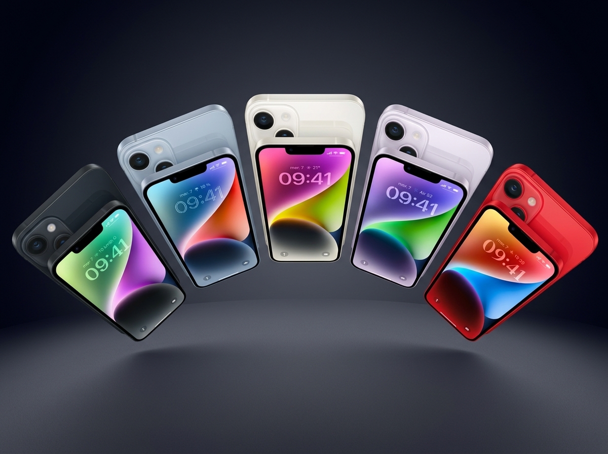 Cinq smartphones de couleurs différentes disposés en éventail sur un fond neutre.