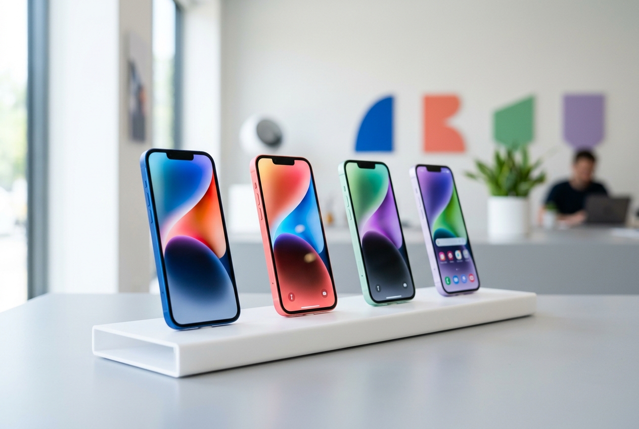 Plusieurs smartphones modernes posés sur un support épuré dans un décor lumineux aux tons colorés.