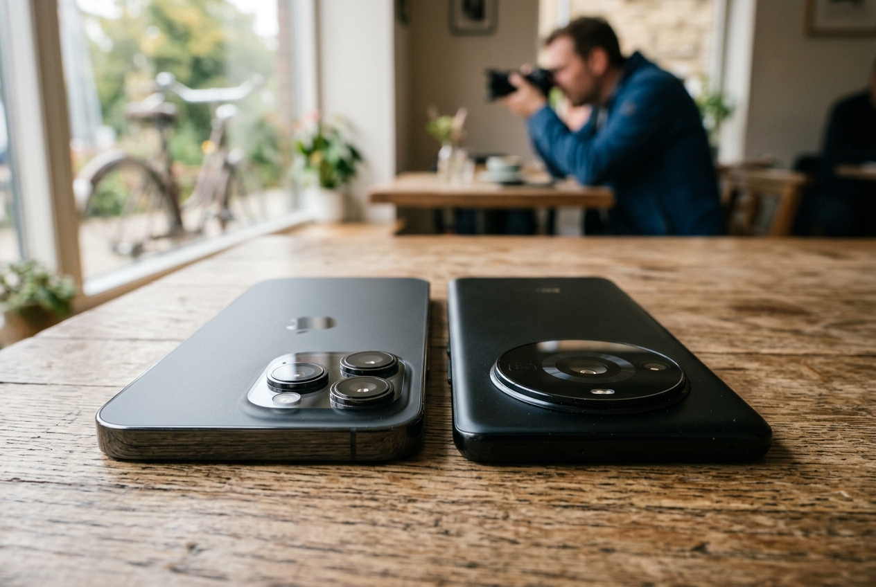 Deux smartphones posés sur une table, focus sur leurs modules photo arrière avec objectifs et capteurs visibles.