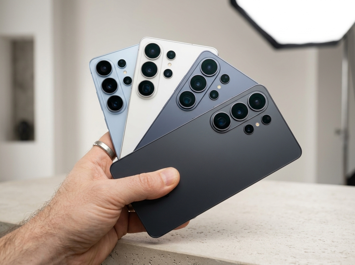 Quatre smartphones tenus en main dans un studio, éclairage diffus, photographie de produit.