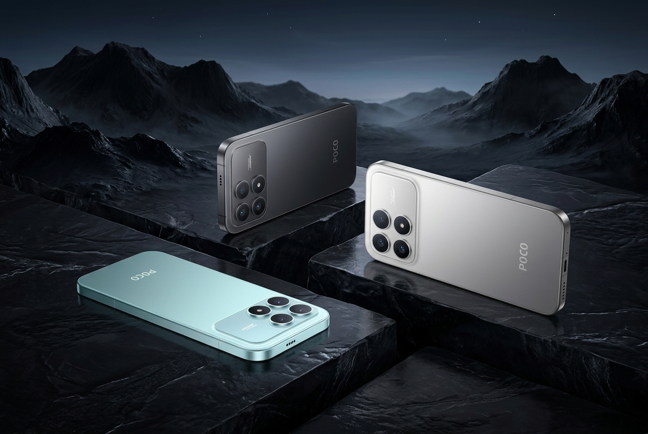 Trois smartphones Poco posés sur des rochers noirs devant un paysage de montagnes sombres.