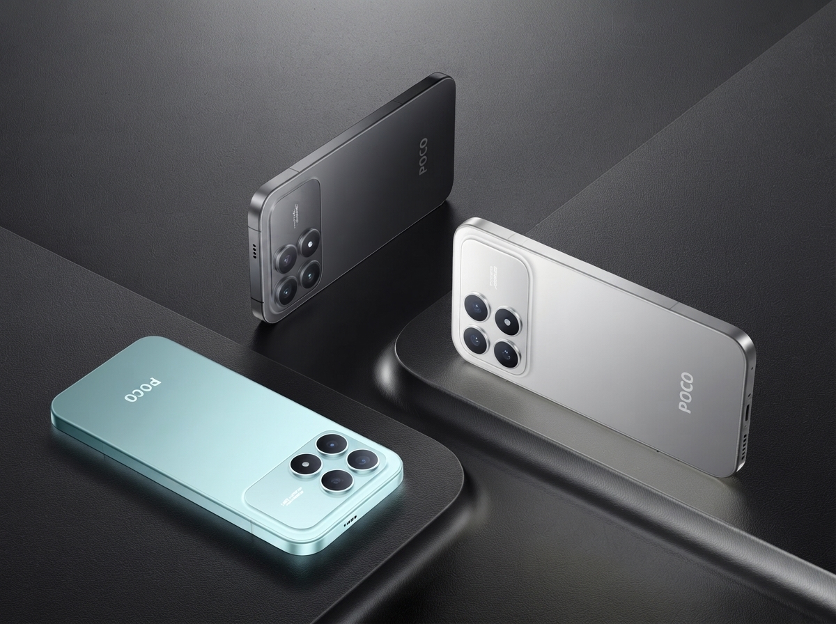 Trois smartphones Poco de couleurs différentes posés sur une surface sombre.