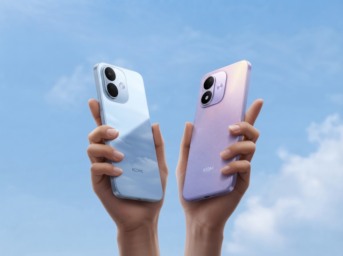 Deux mains tenant des smartphones Redmi bleu et violet sur un fond de ciel bleu.